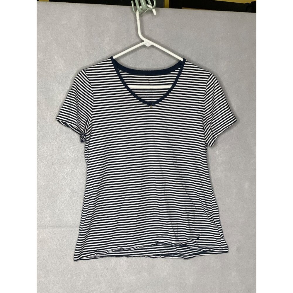 Nautica Womens Striped V Neck T Shirt Navy White Large Cotton Blend Casual Top